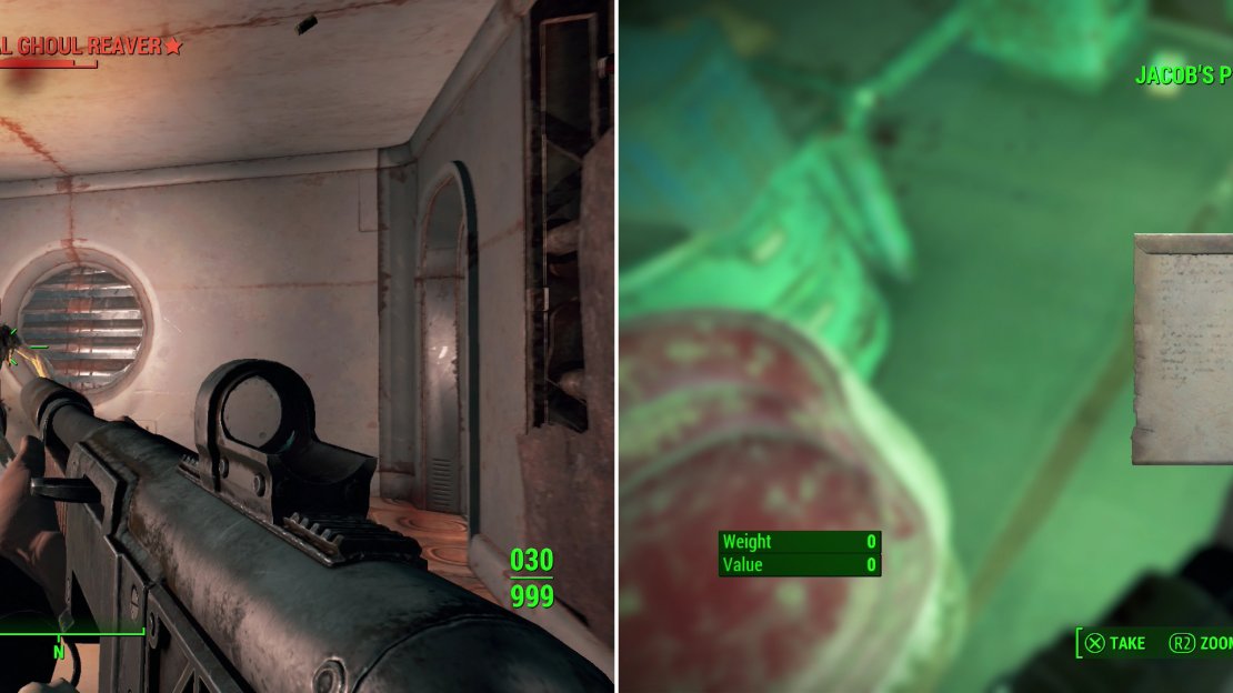 Feral Ghouls prowl the interior of Med-Tek Research (left). When you reach the executive office, MacCready - if he’s with you - will furnish you with a password to the terminal (right).