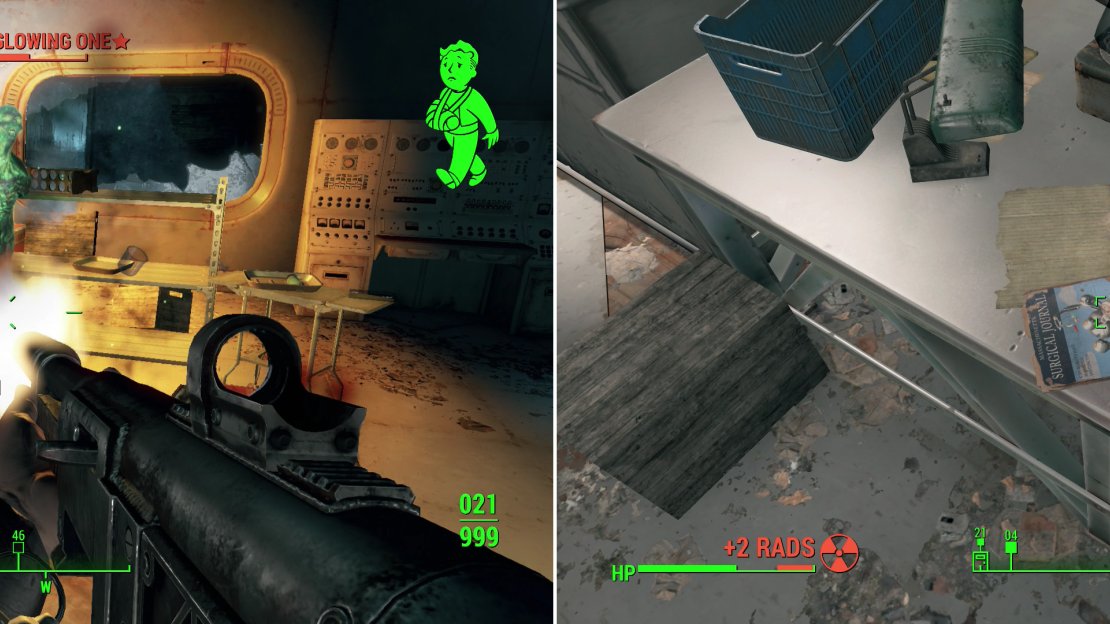 Kill the Feral Ghouls in the Sub-Levels, including a rare Glowing One (left). The lab occupied by the Glowing One also houses a copy of the Massachusetts Surgical Journal (right).