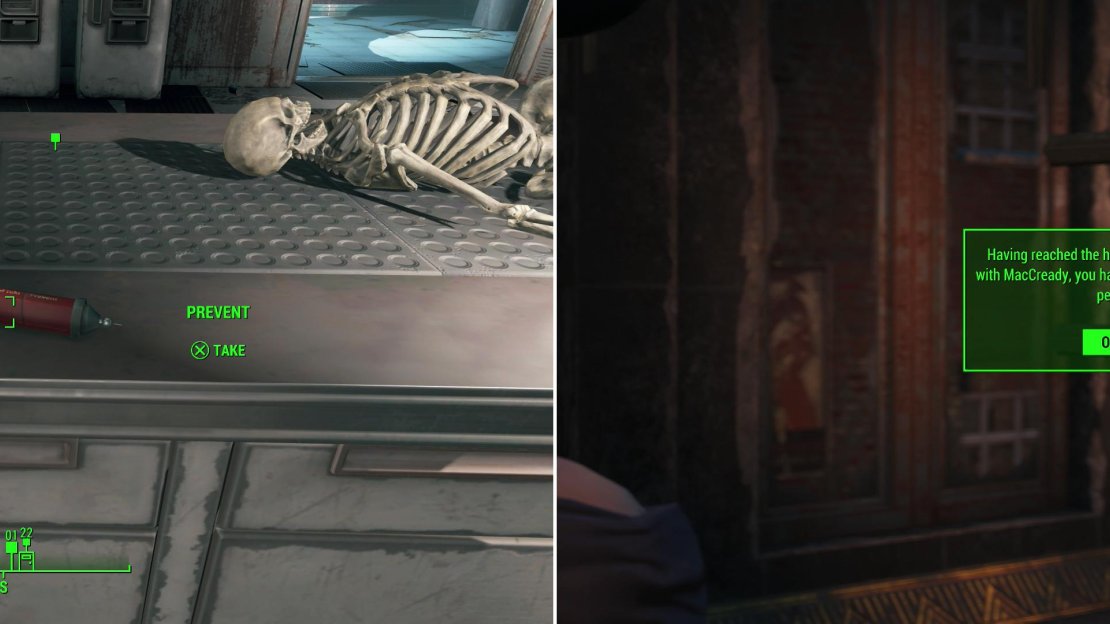 The Medicine MacCready needs to save his son can be found in the depths of Med-Tek Research (left). Earn MacCready’s loyalty and you’ll forever more benefit from the Killshot perk (right).