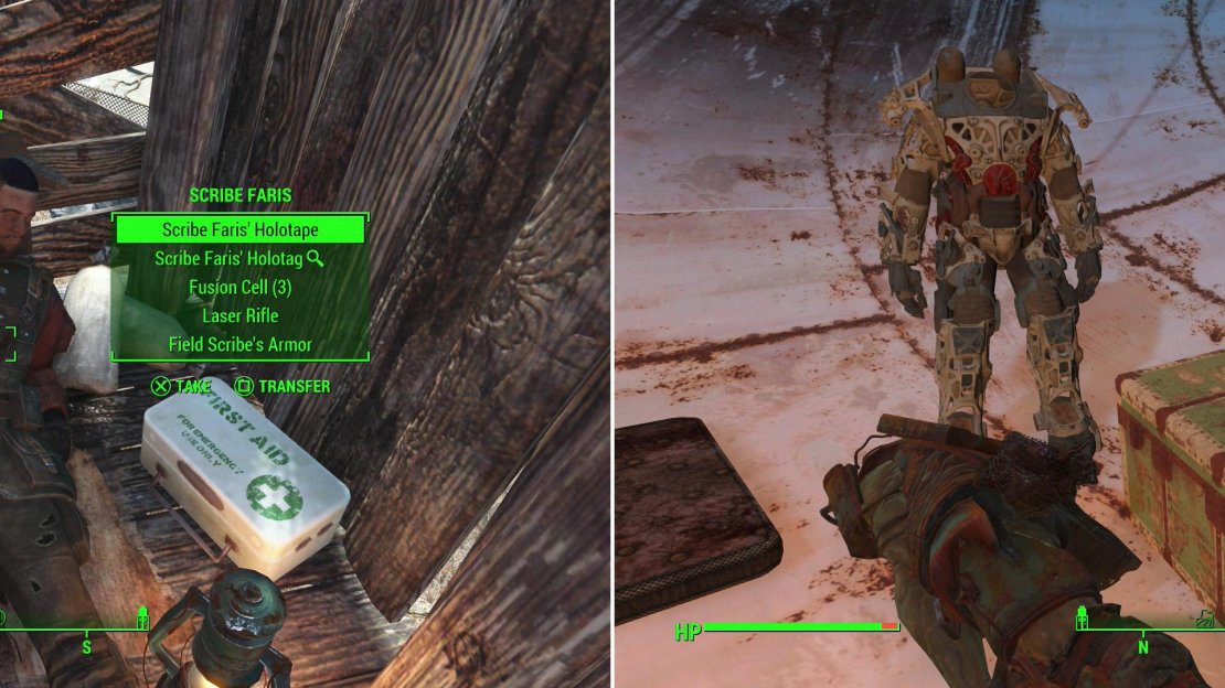 In one of the Super Mutant shacks you’ll find the body of Scribe Faris, who has the last bit of information you need to locate the lost patrol (left). On top of a satellite dish you can also find a Power Armor Frame, a Fat Man and a Steamer Trunk (right). Nice haul!