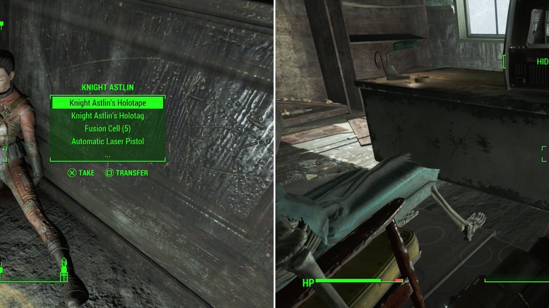 Knight Astlin never made it out of the National Guard Training Yard, but her holotape will help you locate her missing squard (left). Grab the National Guard Officer’s Password to get easy access to the barracks (right).
