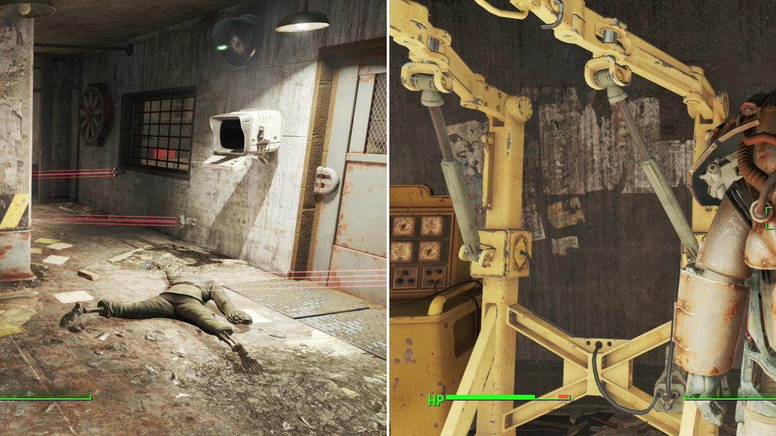 Plenty of pre-war security still remains intact in the armory (left), but your prize for bypassing it all is a partial suit of leveled Power Armor (right).