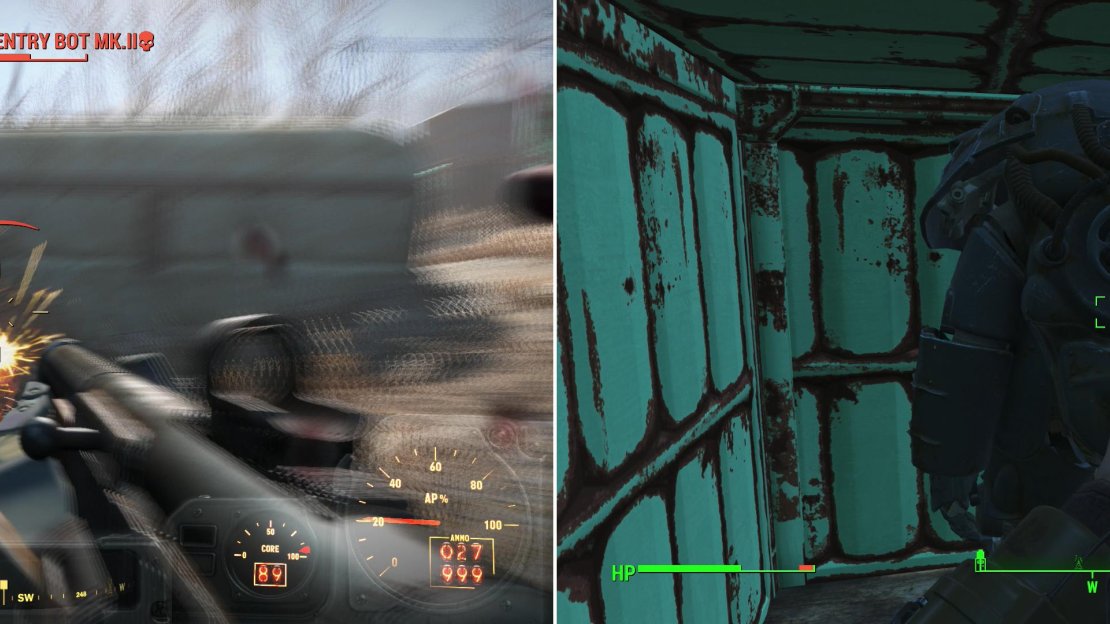 After looting the armory, you’ll be attacked by an awakened Sentry Bot (left). Good thing you just found that Power Armor! Speaking of which, another suit of Power Armor can be found hiding in a shipping crate (right).