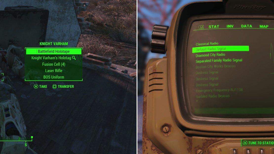 Locate the body of Knight Varham to start the quest “The Lost Patrol” (left). Extend the satellites at Relay Tower 0MC-810 to pick up some new radio signals (right).
