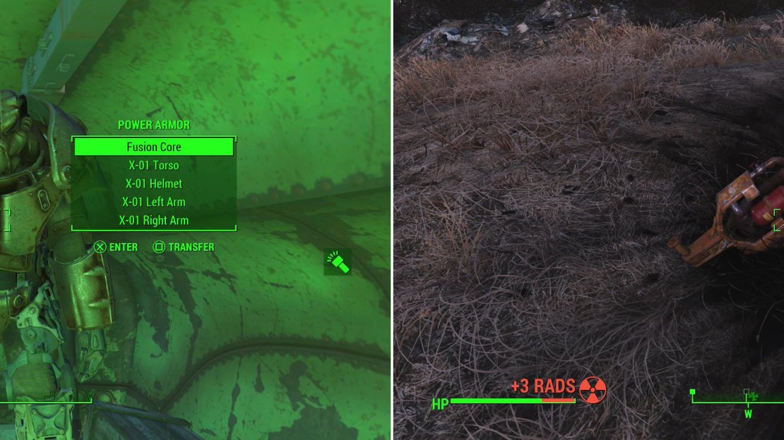 Not enough Power Armor for you? You’re in luck, as another suit can be found in the back of an APC (left). There’s little reason to visit the facility south of County Crossing, unless you fancy a free Flamer (right).