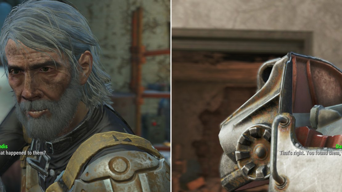 You’ll find the sole survivor of the squad the preceeded Danse and company in Recon Bunker Theta (left). After dealing with Brandis, talk to Danse and make your report (right).