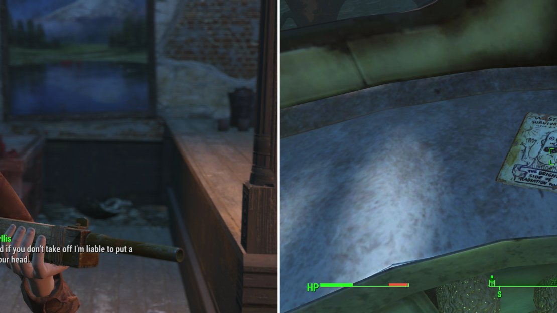 Phyllis is convinced she’s a Synth, and is rather violent in her desire to remain isolated in case she commits more violence. You read that right. (left) Grab an issue of the Wasteland Survival Guide in a structure on the dock (right).