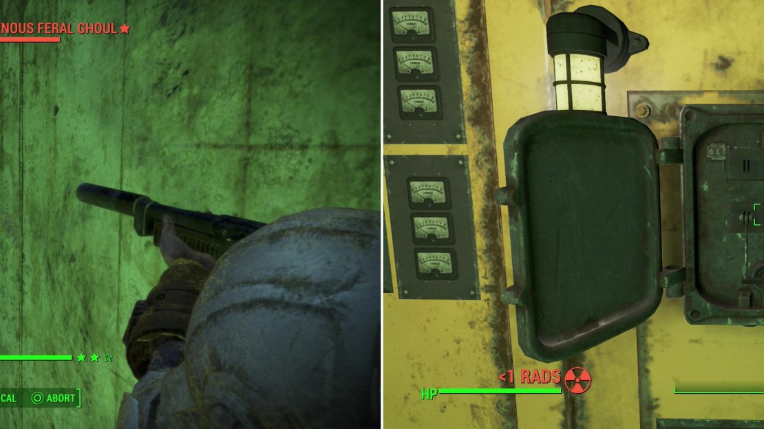Heavily irradiated, you can of course expect to find Feral Ghouls around the Mass Fusion Containment Shed (left). Find a circuit breaker and turn off the “Automated Radio Alarm” (right).