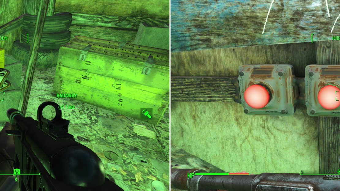 If you brave some heavy radiation you can find some… RadAway. Thanks (left). Press the three buttons in the correct order to get through a series of four gates nearby (right).