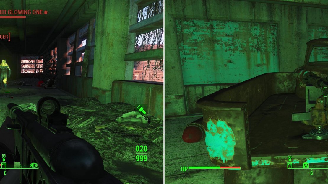 On the third floor your progress will be opposed by Feral Ghouls, including a Glowing One (left). To get here, however, you’ll need to navigate past a Tripwire rigged to a Missile Launcher. Ouch (right).
