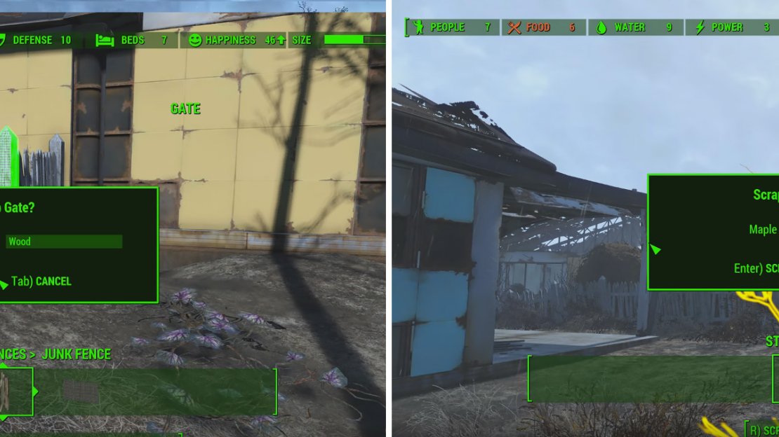 Scrapping anything in the way or things that just aren’t useful to your settlement idea is a great way of gaining building materials quickly.