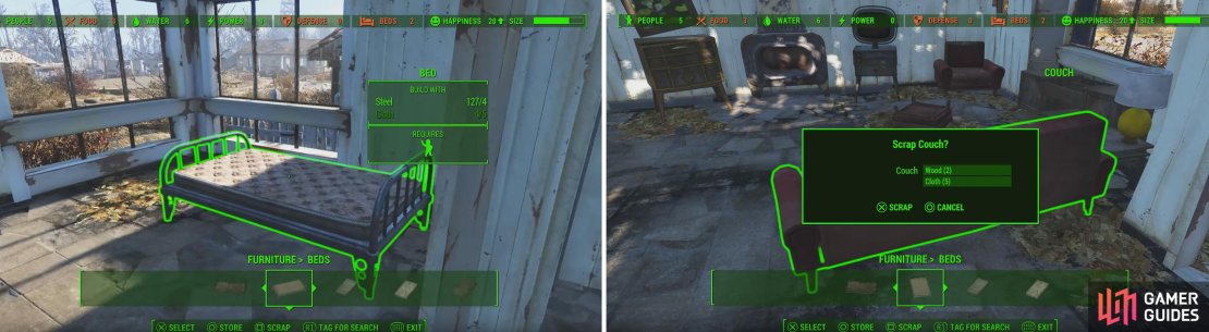 Beds are a must for any settler&rsquo;s happiness. If you need more materials, scrap things like sofas you find in defunct houses.