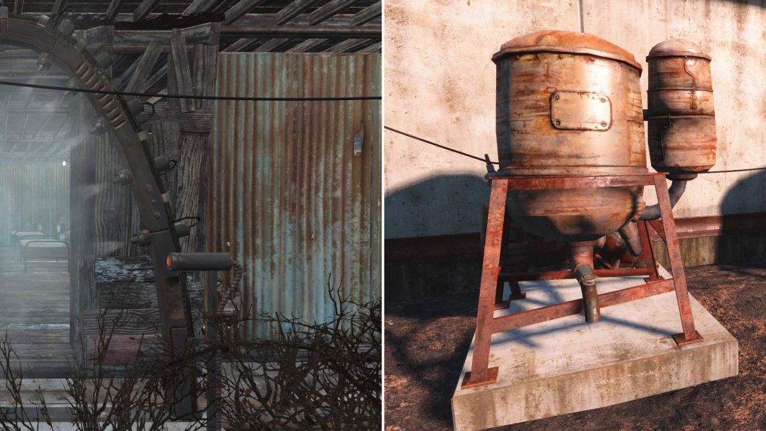 Decontamination Arches will remove all your RADs, free of charge! (left) Powered Water Pumps give you more Water than normal Water Pumps (right).