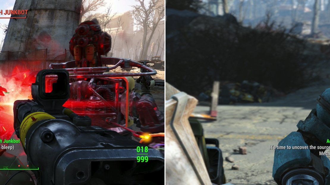 Destroy the hostile robots at the distress beacon (left) then talk to the sole survivor to find out what, exactly, happened (right).