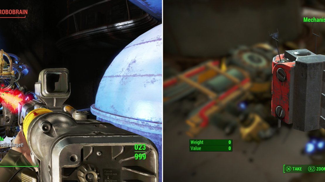 Scrap the Robobrain in the General Atomics Factory (left) then claim the “Mechanist Device” from its remains (right).