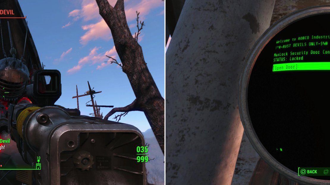 Kill the Rust Devils and their pet robots outside of the Fort Hagen Satellite Array (left) then hack their terminal to gain access to their base (right).