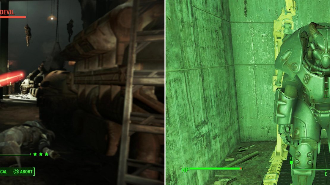 More Rust Devils await you in the depths of their base (left). After fighting amidst ruined tanks, claim a suit of leveled Power Armor from the defeated Rust Devils (right).