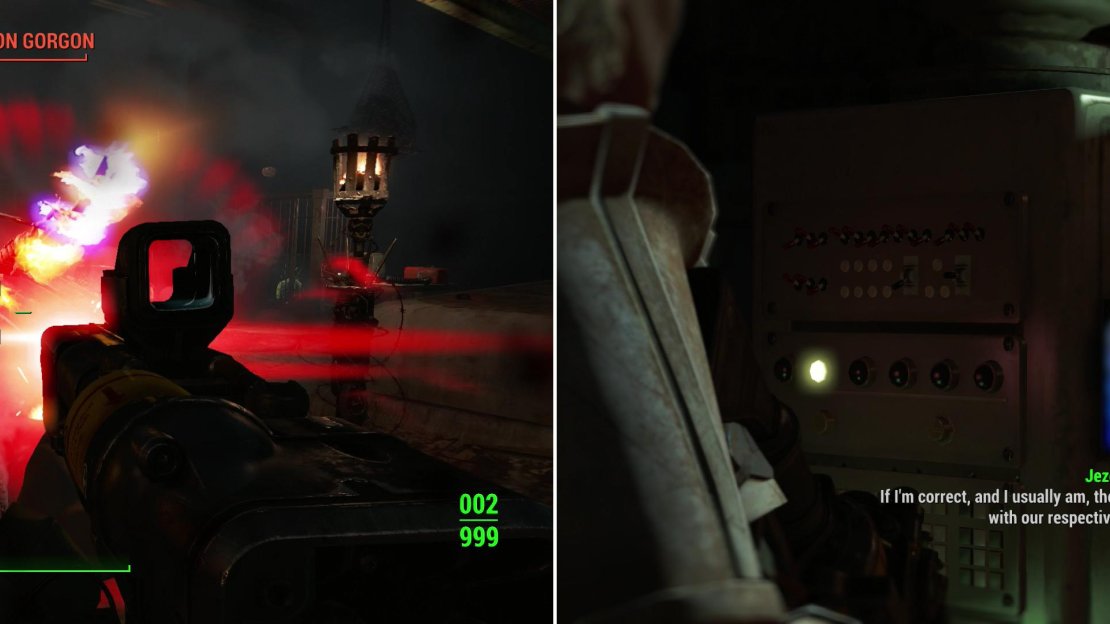 Assaultron Gorgons are some of the most dangerous robots in the Commonwealth (left) and may join Ahab’s attack. After all the robots have been dismantled, strike a deal with Jezebel (right).