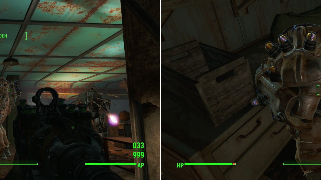 The Power Armor-clad Ivey is the leader of these Rust Devil (left). Defeat her and you can claim her Tesla Rifle and Tesla Armor pieces (right).