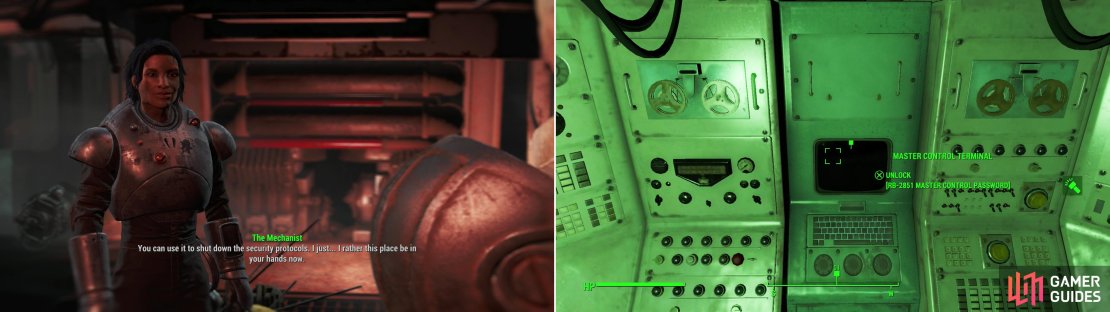 Talk sense into Isabela (left) and she&rsquo;ll give you the codes ot the Master Control Terminal (right) in effect putting you in control of the facility.