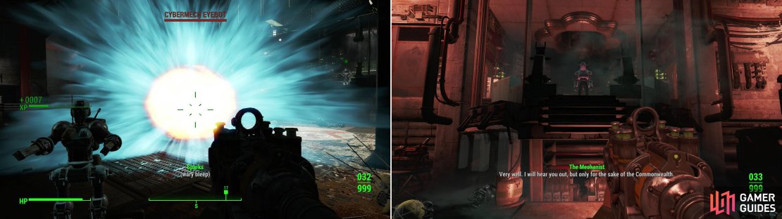 Not all robots want to fight conventionally, however, some just want to kamikaze (left). After the facility can&rsquo;t handle the stress anymore, the Mechanist will agree to parley (right).