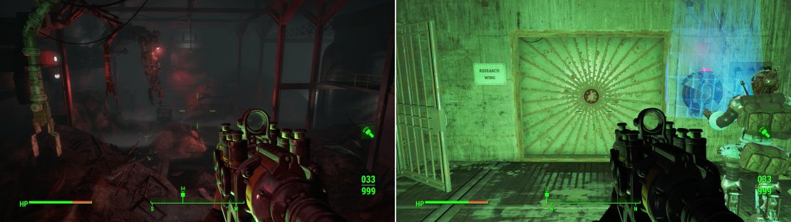 Ride an elevator over the scrap heap! (left) Then get Ada&rsquo;s aid in accessing the Research Wing of the Mechanist&rsquo;s stronghold (right).