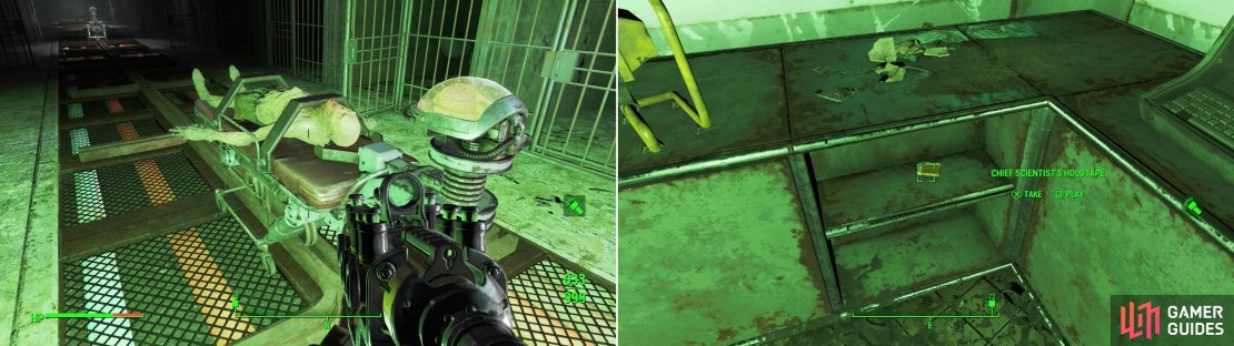 Well, those brains had to come from somewhere&hellip; (left). Grab the Chief Scientist&rsquo;s Holotape on your way through the Research Wing (right).