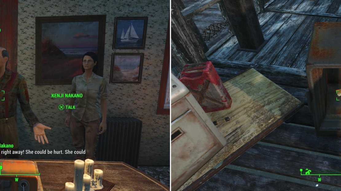 Head over to the Nanako Residence, where two parents will ask you to find their missing child (left). Search the safe in the boathouse to find out where Kasumi went (right).
