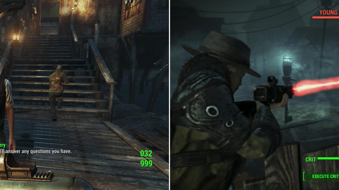 Your initial meeting with Captain Avery will be cut short by an attack from beasts native to Far Harbor! (left) Help the Harbormen fend off their assailants (right) and defend the hull!