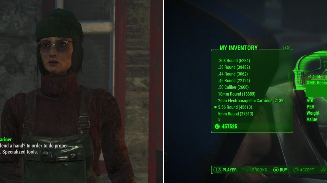 The town mechanic - The Mariner - will ask you to recover some specialized tools for her (left). Brooks - the general store owner - sells an incredibly expensive piece of Legendary Recon Armor (right).