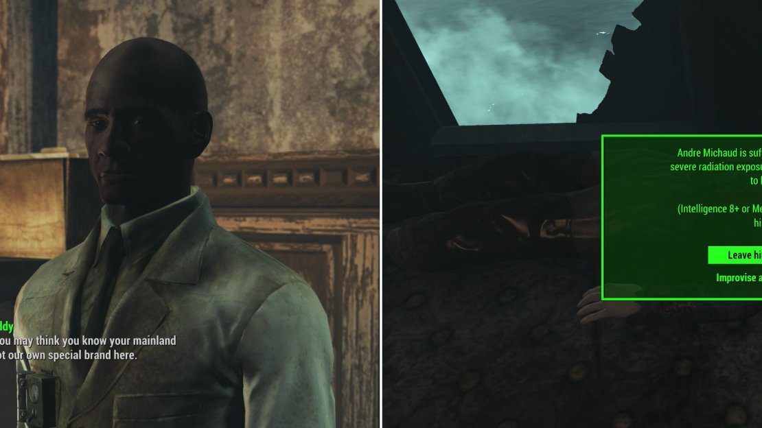 Teddy serves as the doctor of Far Harbor, and provides essential medical services (left). His skills have their limits, however; with the right stats or perks, you can save Andre (right).