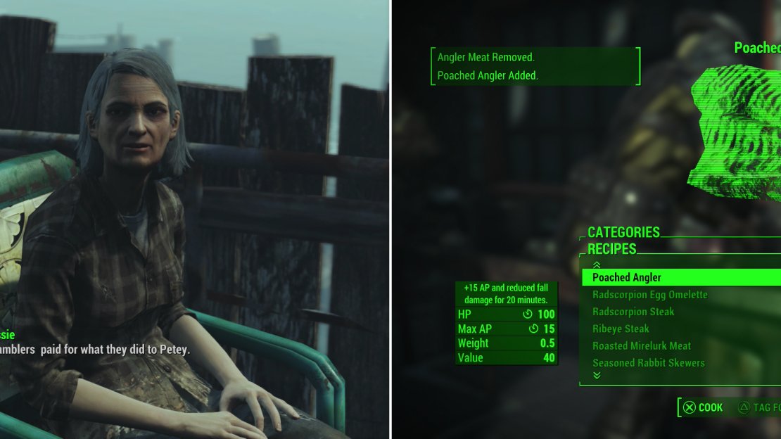 Cassie will hire you to avenge her family, who have been poorly treated by the island (left). Cook up some of the bits you gathered from the critters who attacked Far Harbor earlier to get the “Just Add Saltwater” trophy/achievement! (right)