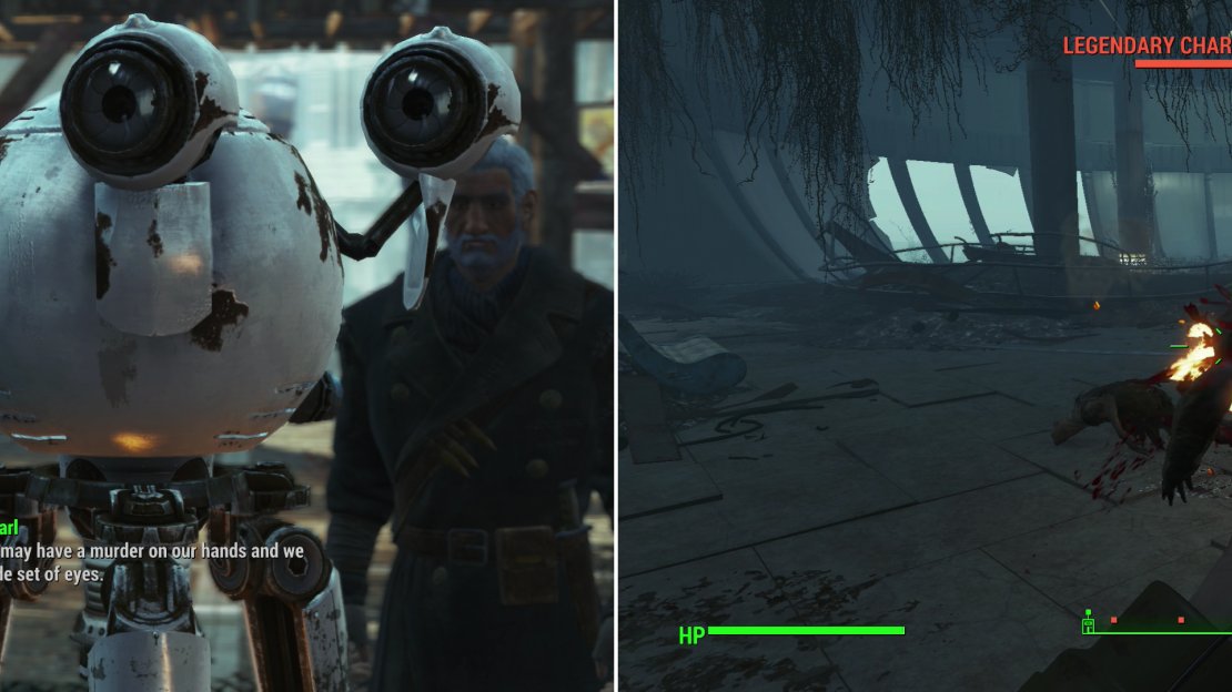 When you return to Far Harbor you may encounter the robot, Pearl, who is in need of a detective something fierce (left). The “rowdy” guests she was talking about just happen to be Feral Ghouls (right).