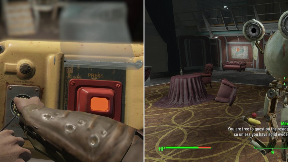 Make your way through the hotel and interface with the Vault 118 door controls (left) then talk to Maxwell to learn some specifics about the murder (right)… and some rules for handling the vault dwellers.