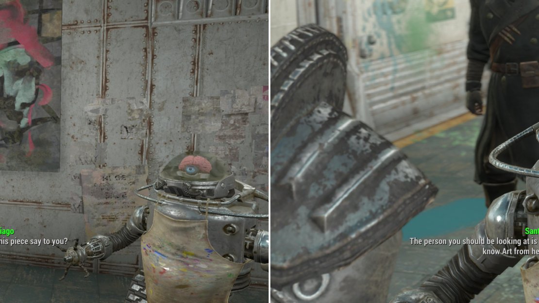 Endure Santiago’s crappy “art” and impress him with your interpretations (left) and he’ll point you in the direction of another potential murder-bot (right).