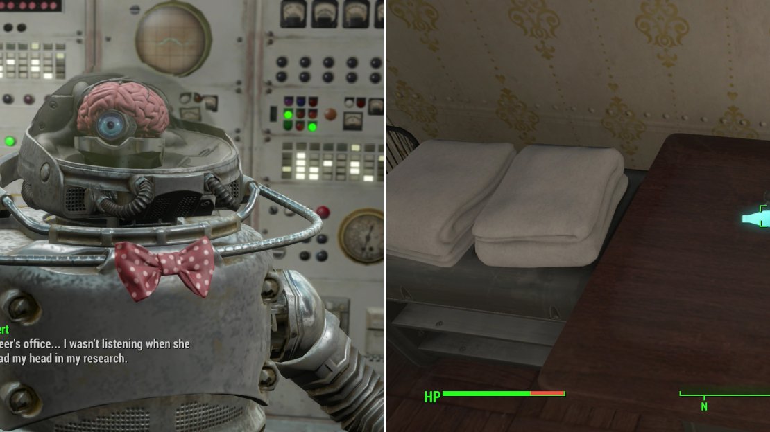 Chat with Bert to learn more about the peculiarities of Robobrains and to dig up another lead (left). Search Ezra’s room to find the Vault 118 Overseer’s Key (right).