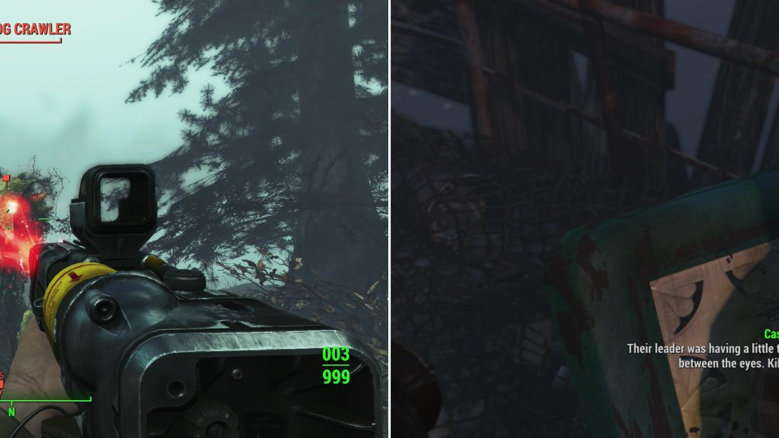 Fog Crawlers are heavily armored behemoths which can shrug off insane amounts of abuse (left). Defeat this mighty foe and return to Cassie to get a third - and final - island-punishing assignment (right).