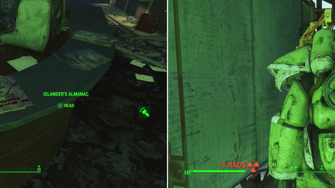Stop by the National Park Visitors Center long enough to quickly grab an issue of Islander’s Almanac (left). While heading up the highway you’ll find a truck with a suit of Vim! themed T-51 Power Armor in the back! (right)