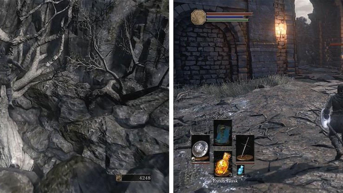 Dash and jump off the ledge near the bonfire to land on a stone coffin with an item (left) and then drop down and finish off the Grave Warden with a crossbow (right).