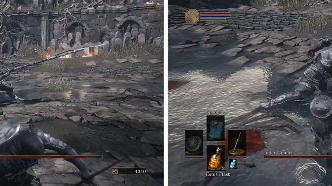 Avoid the sweeping attacks by rolling under them (left) and take in a strike or two during Gundyr’s short recovery at the end of an attack (right).