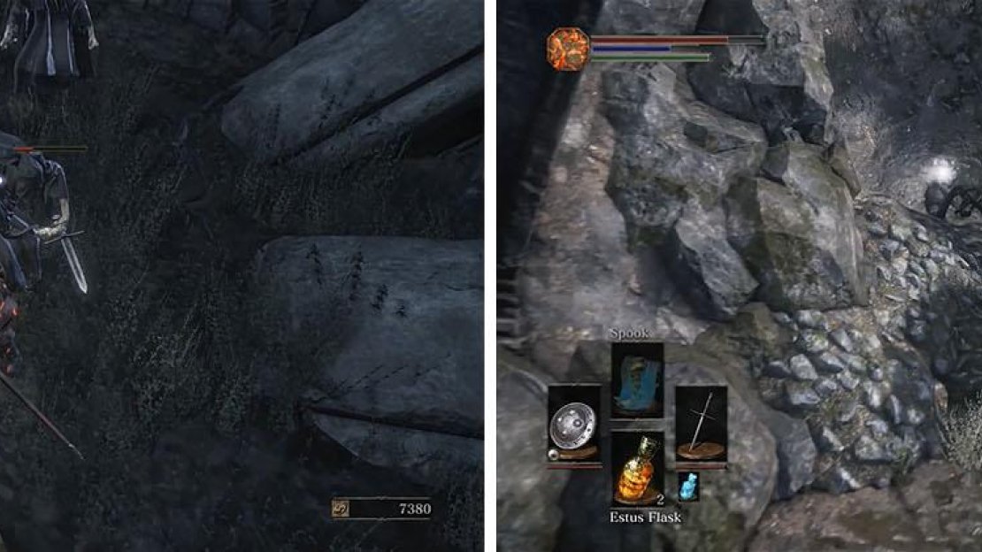 Watch out for the crossbow arrows as you fight the Grave Wardens (left) and then take the path to the right of the shrine entrance to find an Ember (right).