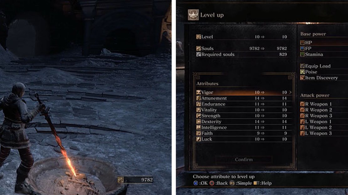 Place the Coiled Sword to create a bonfire (left) and then check out the NPCs, leveling up at the Firekeeper with any souls you have (right).