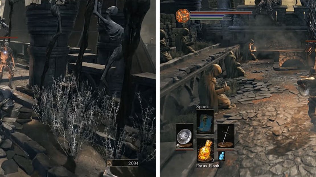 Take the opposite set of stairs from the bonfire to encounter more enemies, including one with a lantern that calls other soldiers to fight.