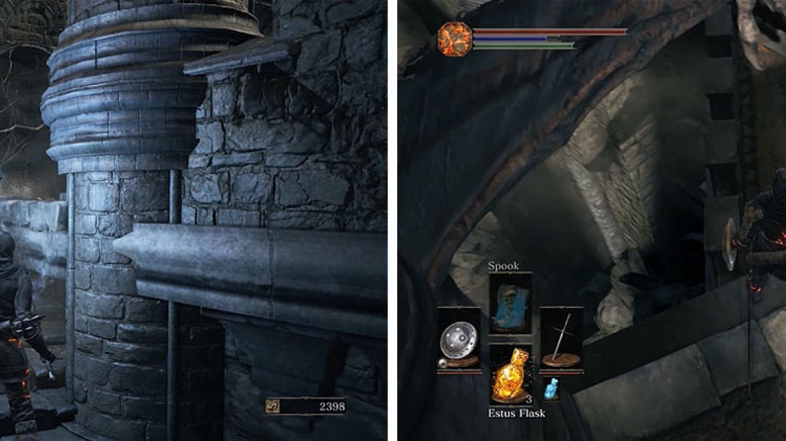 A spell like Spook will allow you to easily sneak up on the soldiers carrying lanterns (left). Make sure to check behind the dagon to find a ledge (right).