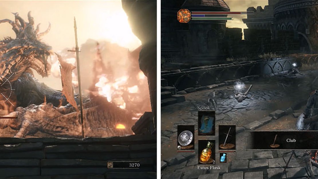 From the stairs you can safely kill the dragon with the bow (left) and then collect the items in the area above (right).