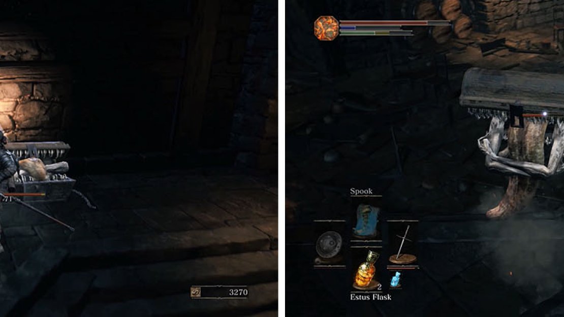 The chest ahead is a Mimic, so attack it to start the fight (left). Stay behind the Mimic and avoid his deadly bear hug at all costs (right).