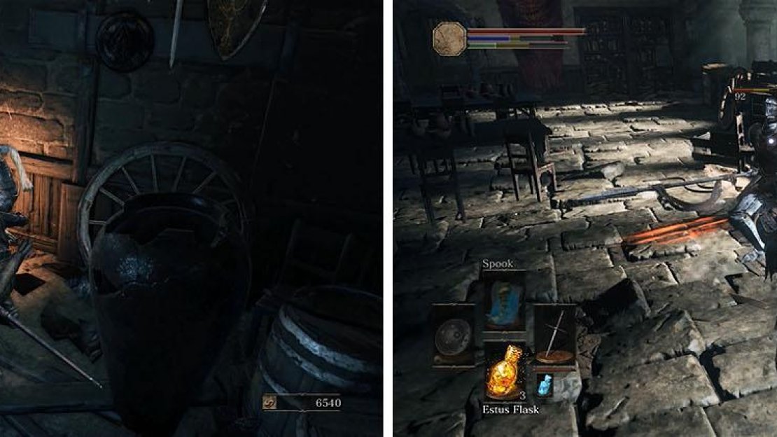 Enter the building to collect some items (left) and defeat the Lothric Knight (right).