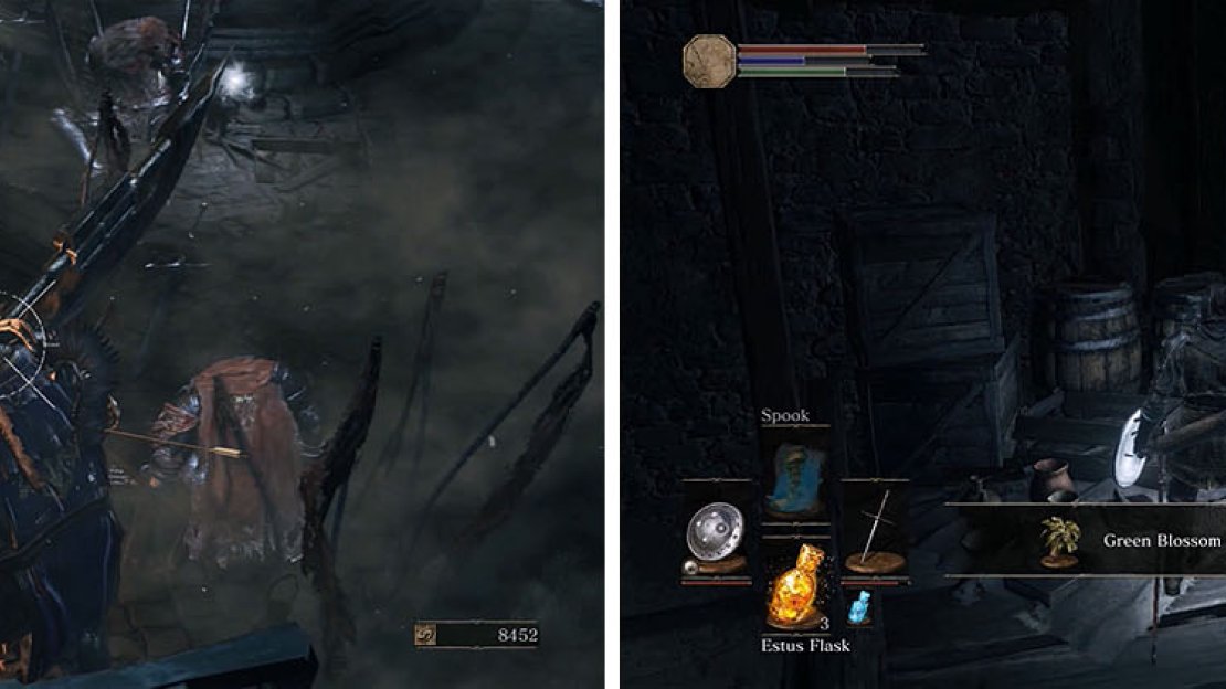 Defeat the Winged Knight (left) and then enter the hidden path at the top of the stairs, rolling through the barrels near the Green Blossoms (right).