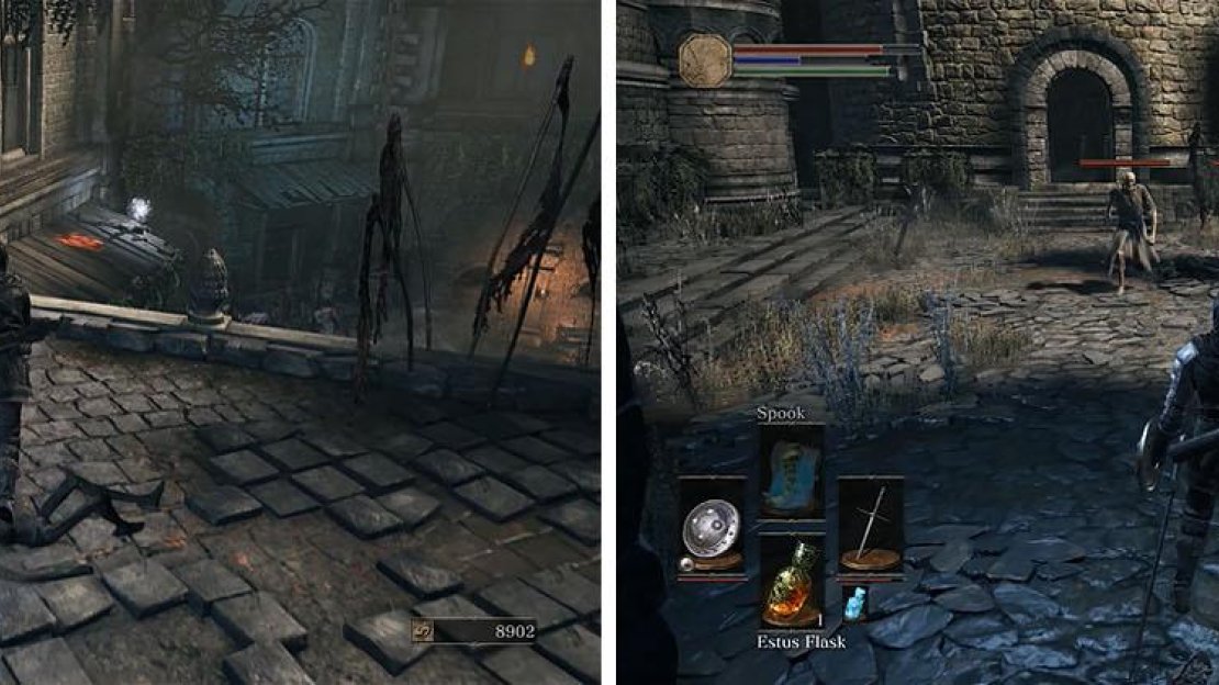 Don’t miss the Ring of Sacrifice (left) and then clear the courtyard to unlock the shortcut back to the first bonfire (right).