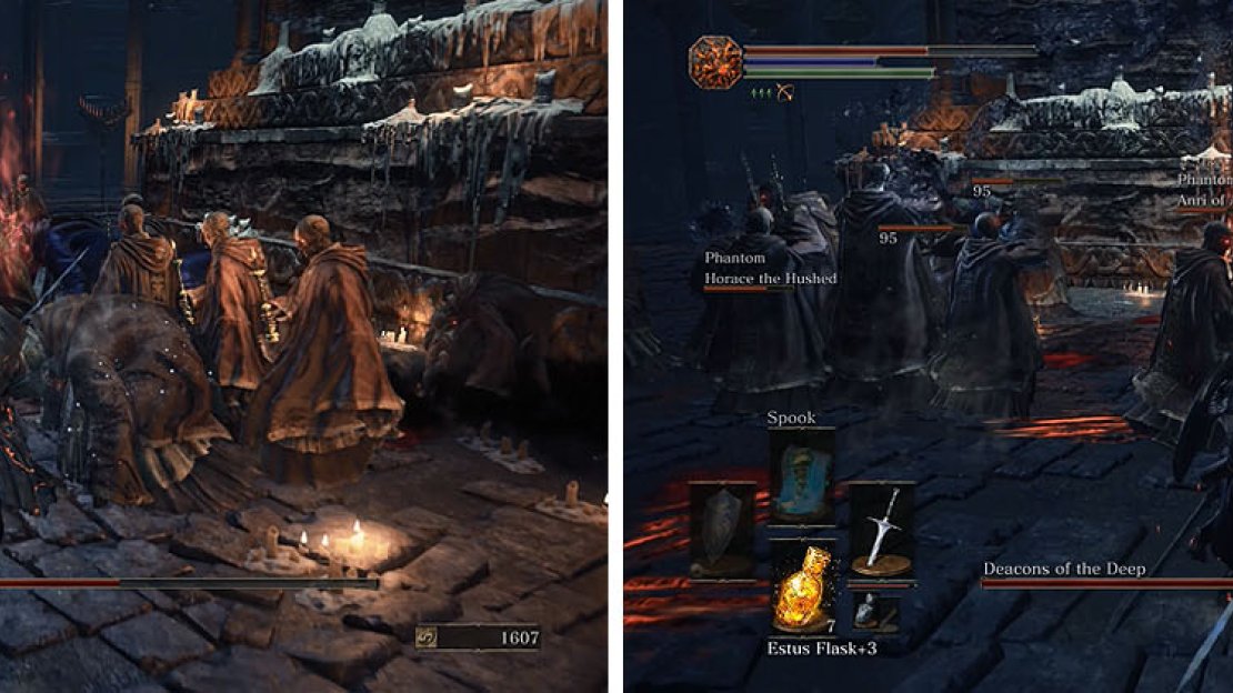 The Archdeacon appears and should be the focus of your attacks (left), but don’t back off for long or he’ll cast a dark spell that causes Curse (right).